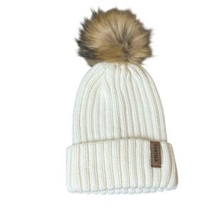 Furtalk Womens Beanie Faux Fur Pompom Ivory One Size Logo Neutral Winter Snow